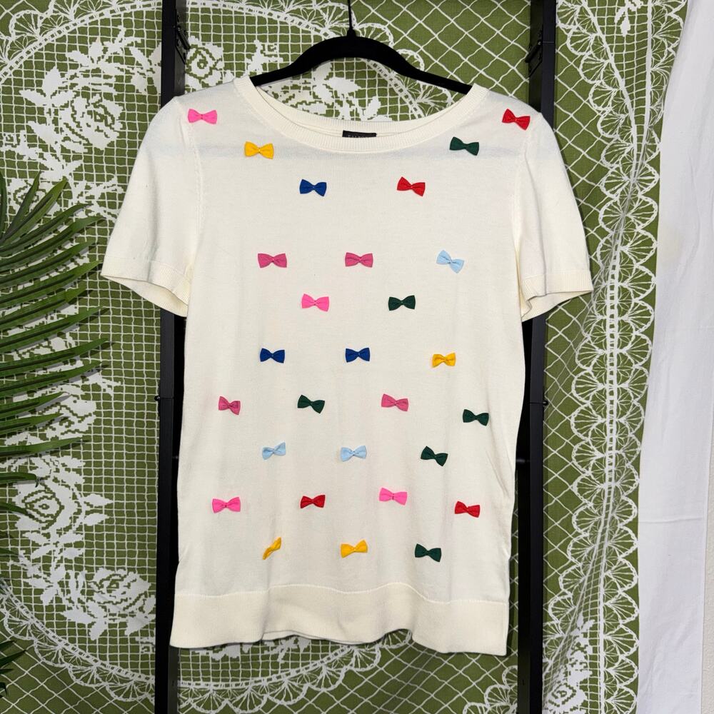 Talbots White Short‎ Sleeve Knit Top with Multi-Color Embroidered Bows - Small